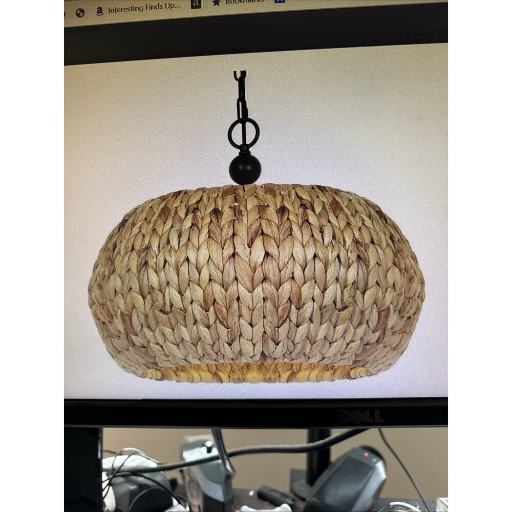 Farmhouse Rattan Chandelier,19.2 Boho Hand Woven Pendant Light, 3-Light Wic...